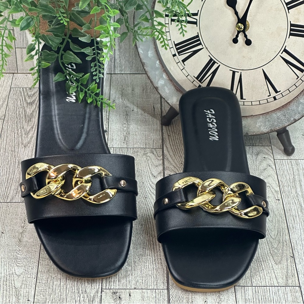 FASHION - Black & Gold Slip On Sandals
